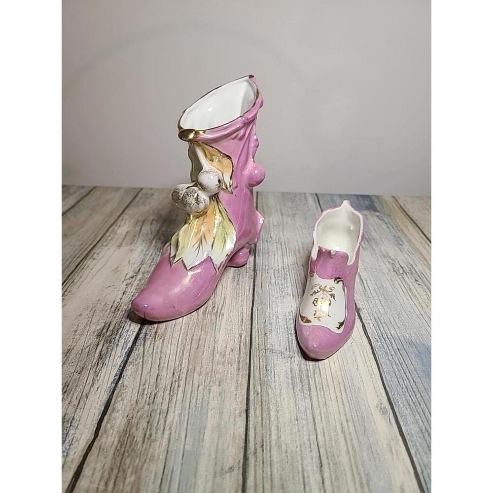 2 vintage porcelain Victorian-style boot vases made in Germany.